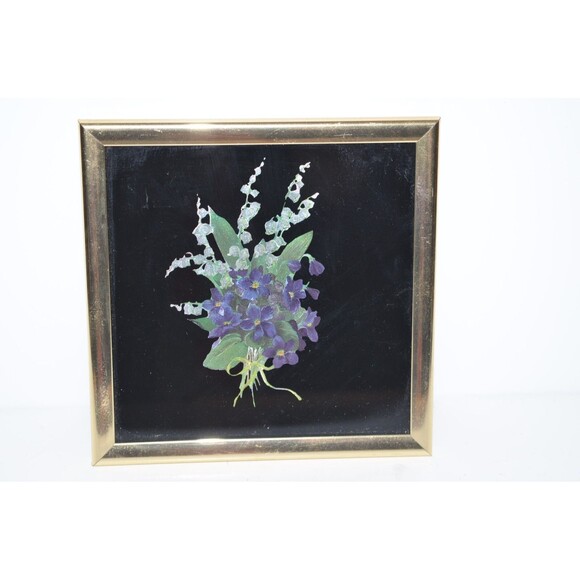 Vtg Kafka Metallic Art Framed Foil Picture Floral Bouquet violets 6x6 - Picture 2 of 7